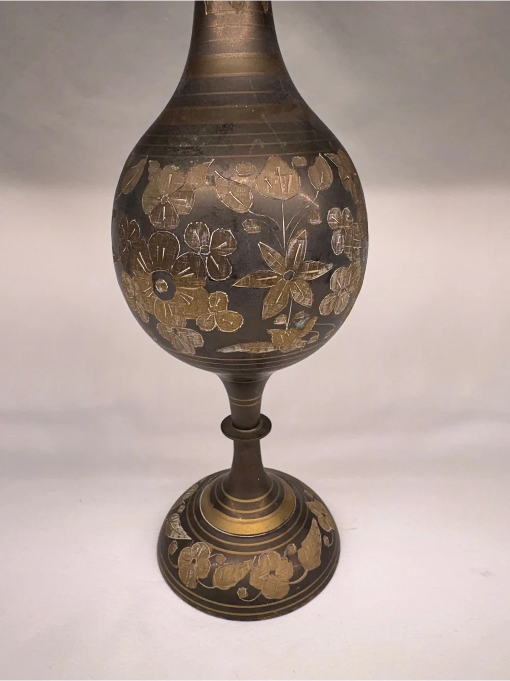 Vintage Hand-Etched Brass Vase 9” | Black Two-Tone Floral Engraved Boho